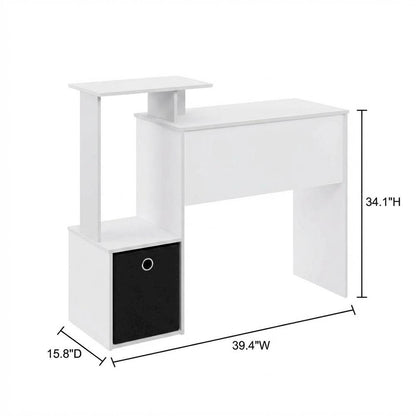 White gaming desk with keyboard tray, side shelves,, storage bin for home office