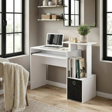 White, Black multipurpose computer desk with storage bin, home office workspace