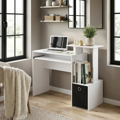 White, Black multipurpose computer desk with storage bin, home office workspace