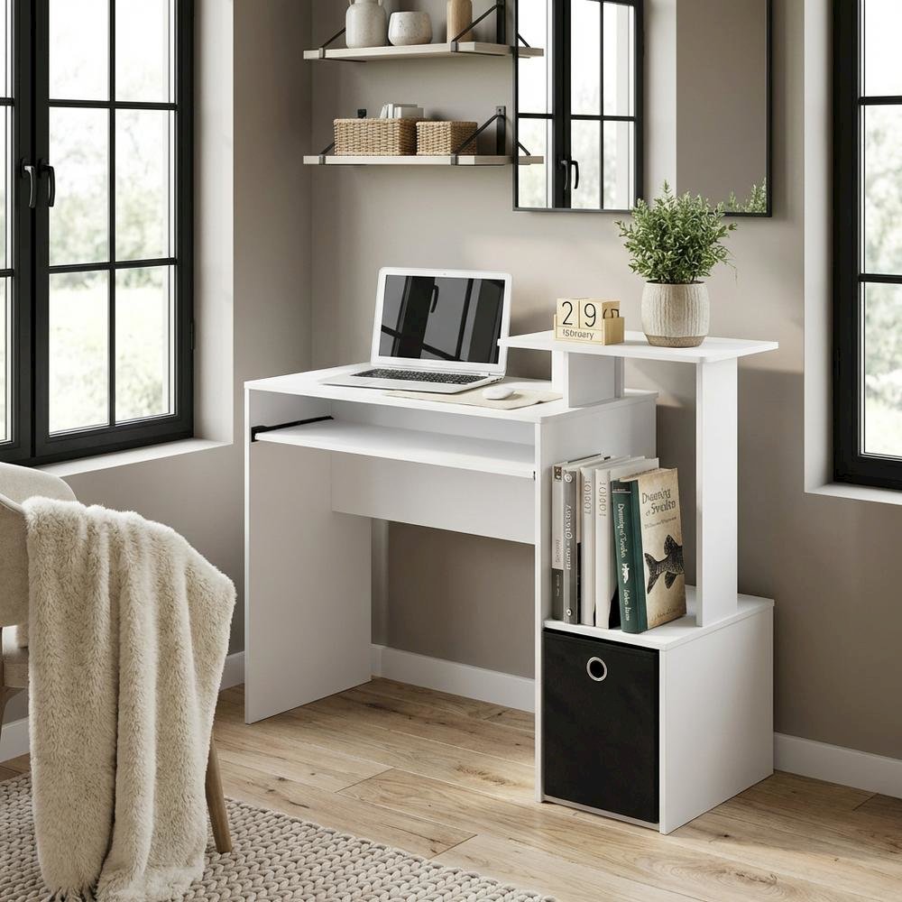 White, Black multipurpose computer desk with storage bin, home office workspace