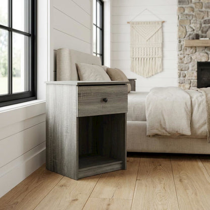Nightstand with Grey Finish and Wood Construction for Bedroom Storage
