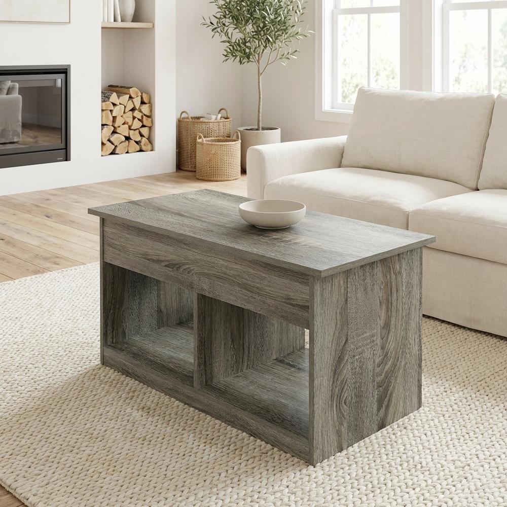 French Oak Gray Lift Top Coffee Table, Storage Compartment, Durable Surface