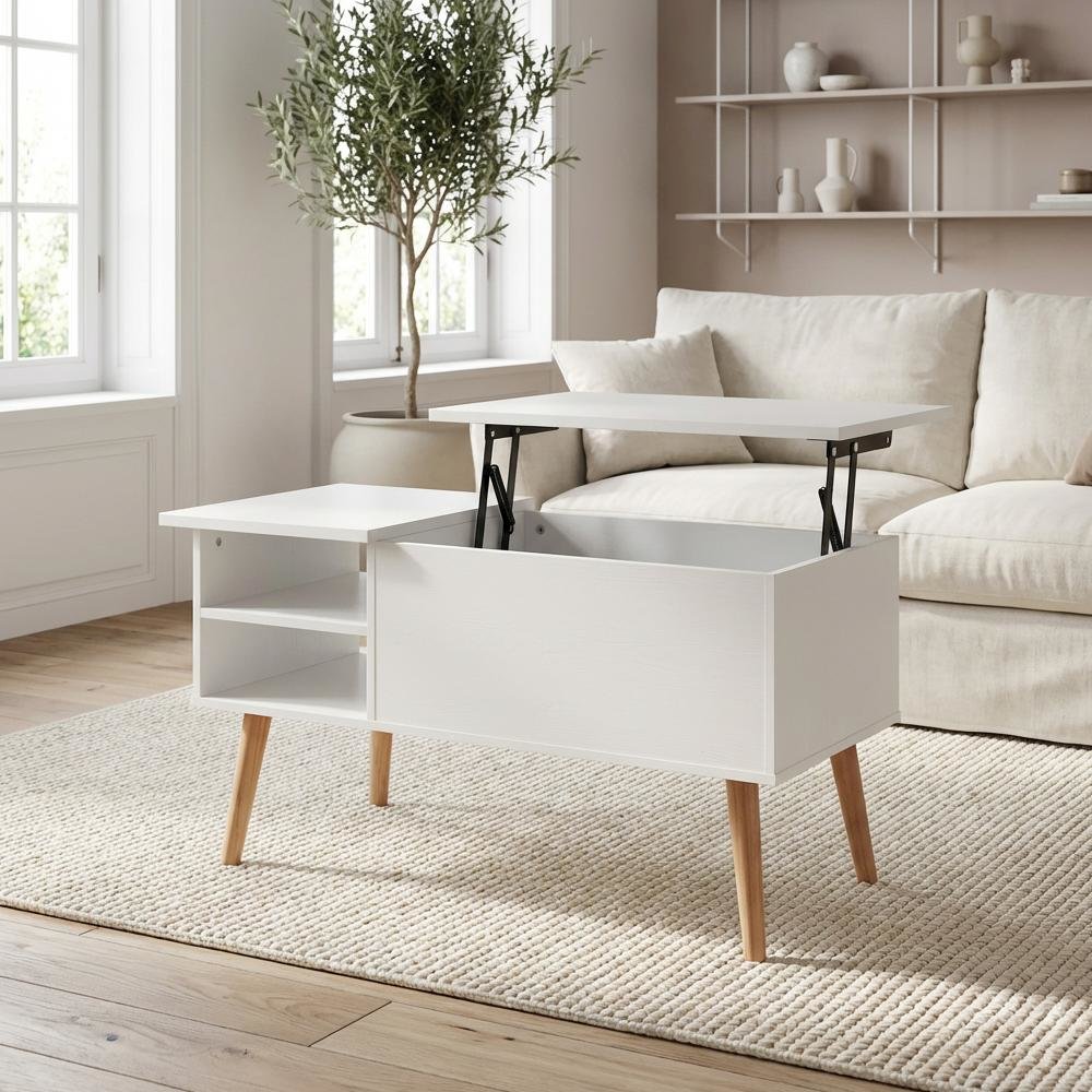 White Coffee Table with Hidden Compartment and Open Side Shelf Storage