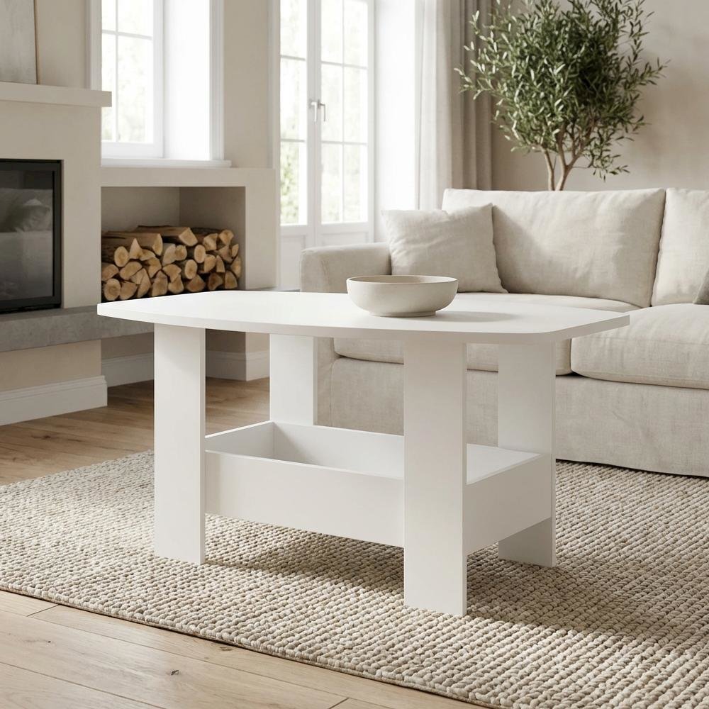 White Coffee Table with Storage Compartment and Sleek Modern Design