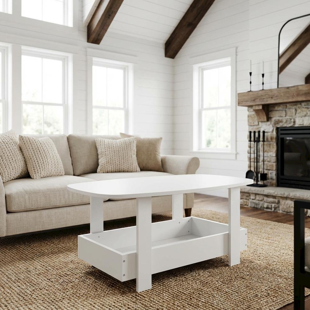 White Coffee Table with Storage Compartment and Sleek Modern Design