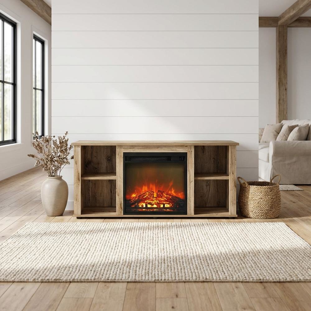 Wood Entertainment Center with Fireplace in Brown finish for Living Room
