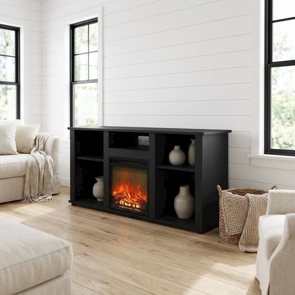Brown Fireplace TV Stand with Open Storage for TVs up to 55 inches