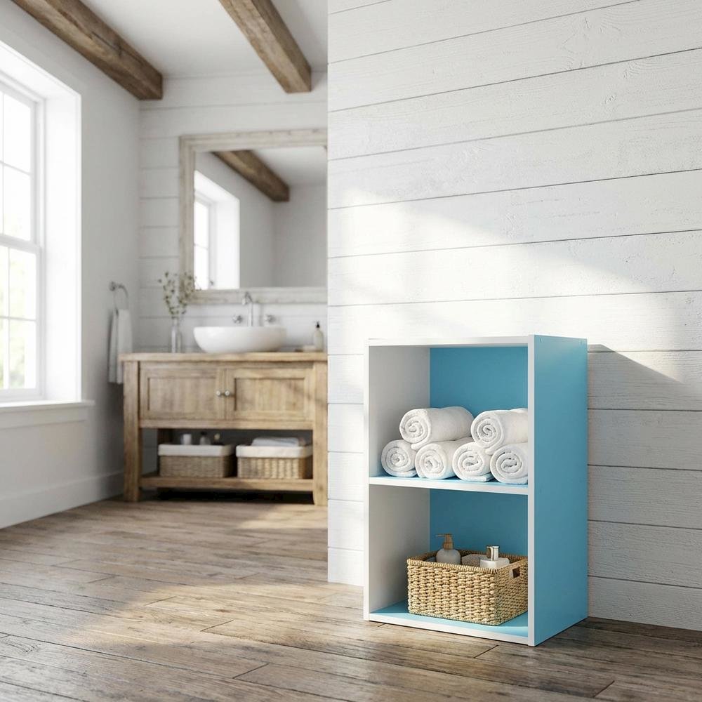 Light Blue 2-Tier Open Shelf Bookcase with Wooden Construction