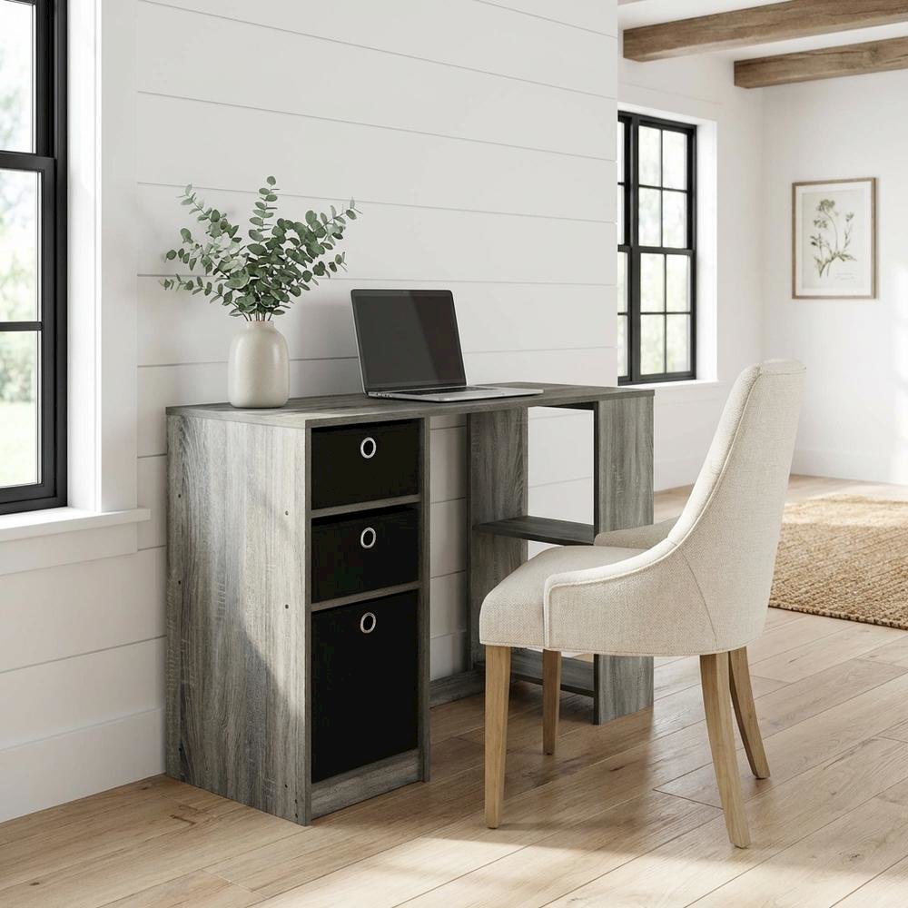Modern computer desk in French Oak Grey - spacious workspace, sturdy build