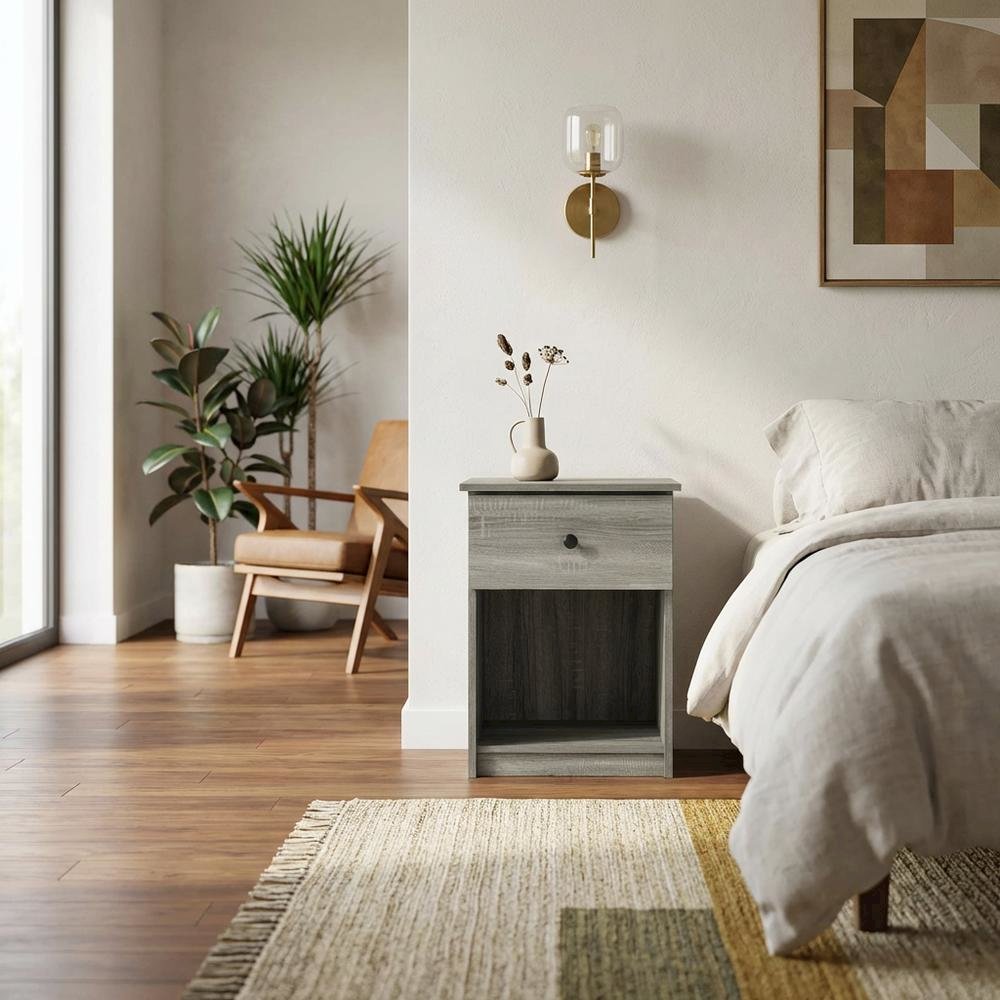 Nightstand with Grey Finish and Wood Construction for Bedroom Storage