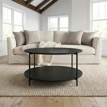 Modern Round Coffee Table Americano with 2-Tier Design and Sturdy Metal Legs