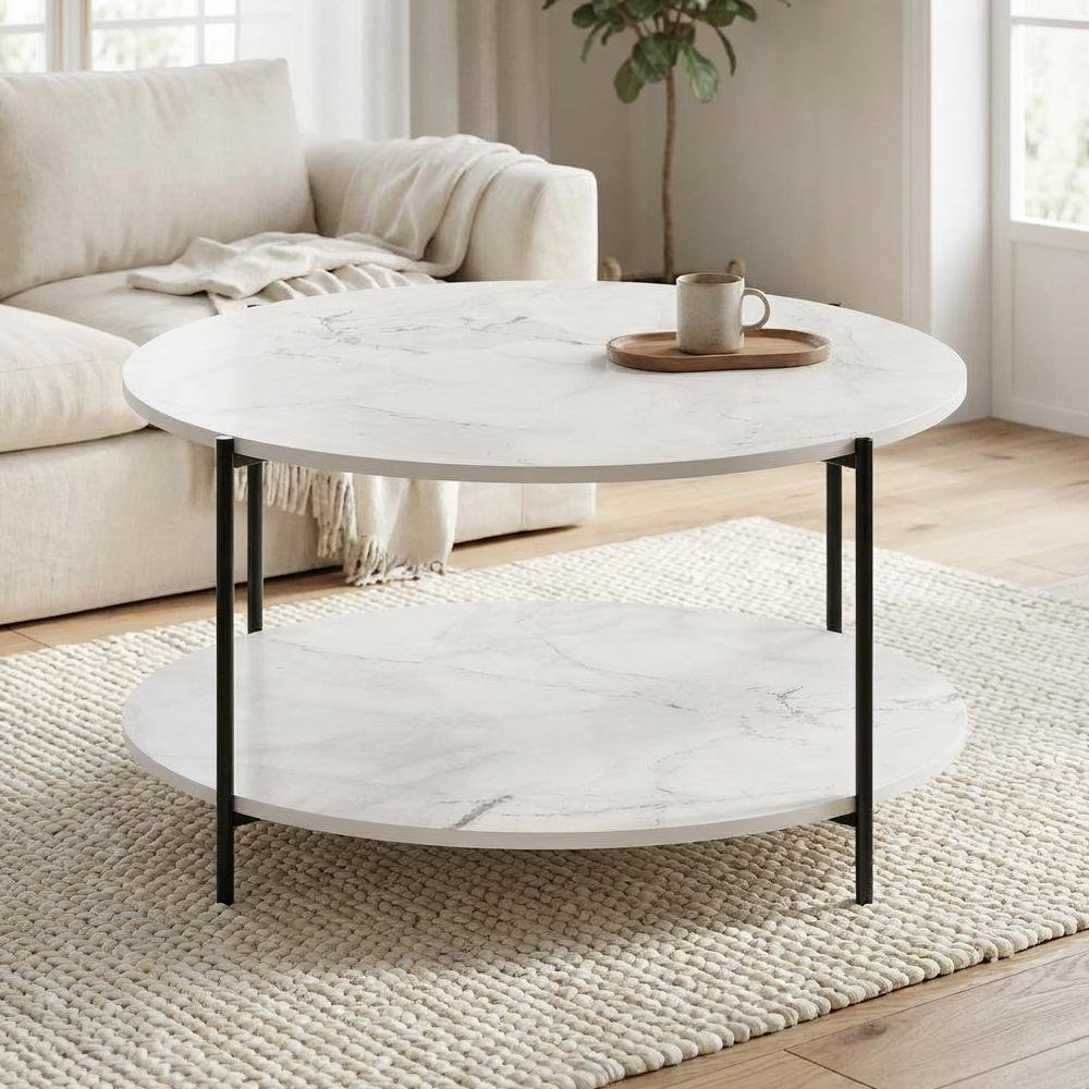 Round Marble White 2-Tier Coffee Table with Sturdy Metal Legs and Storage Space