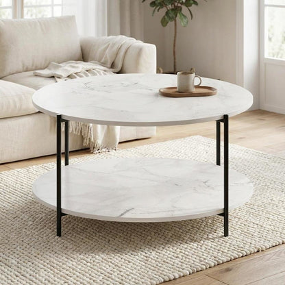 Round Marble White 2-Tier Coffee Table with Sturdy Metal Legs and Storage Space