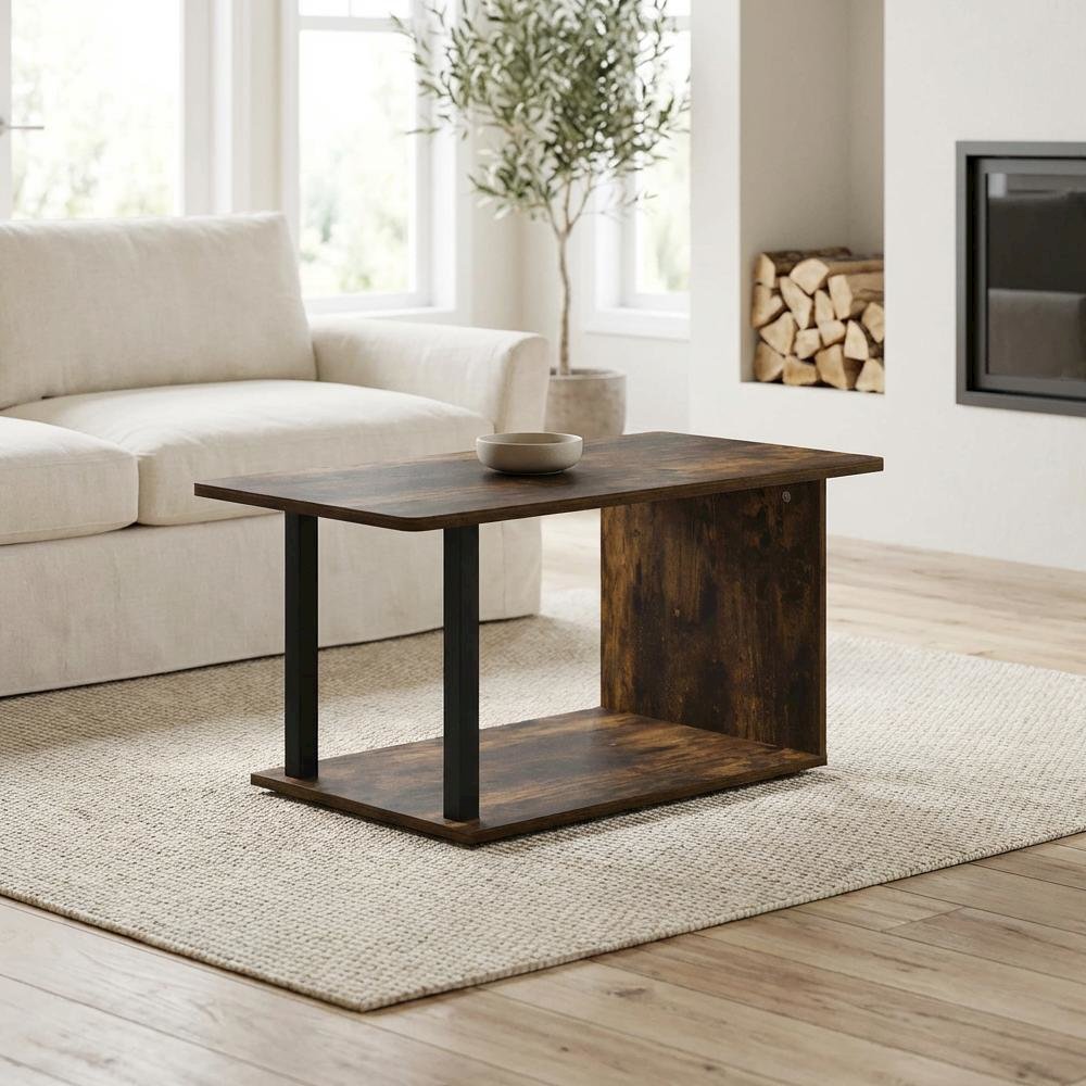 Amber Pine Coffee Table with Black Legs, Rustic Style, Single Piece