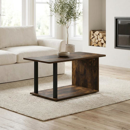 Amber Pine Coffee Table with Black Legs, Rustic Style, Single Piece