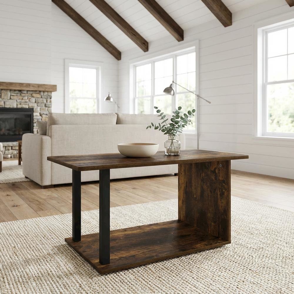 Amber Pine Coffee Table with Black Legs, Rustic Style, Single Piece