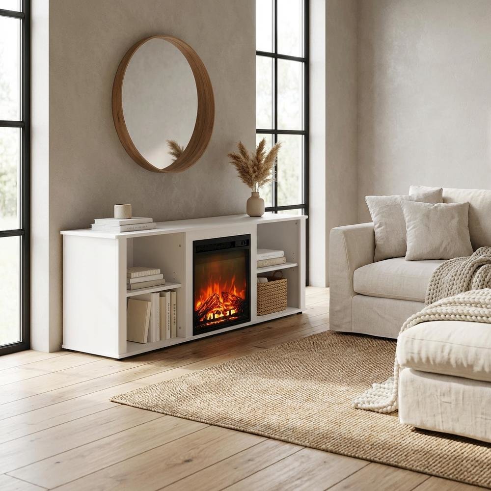 Solid White TV Stand with Fireplace and Wood Construction for Living Room