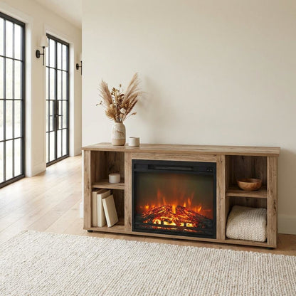 Wood Entertainment Center with Fireplace in Brown finish for Living Room