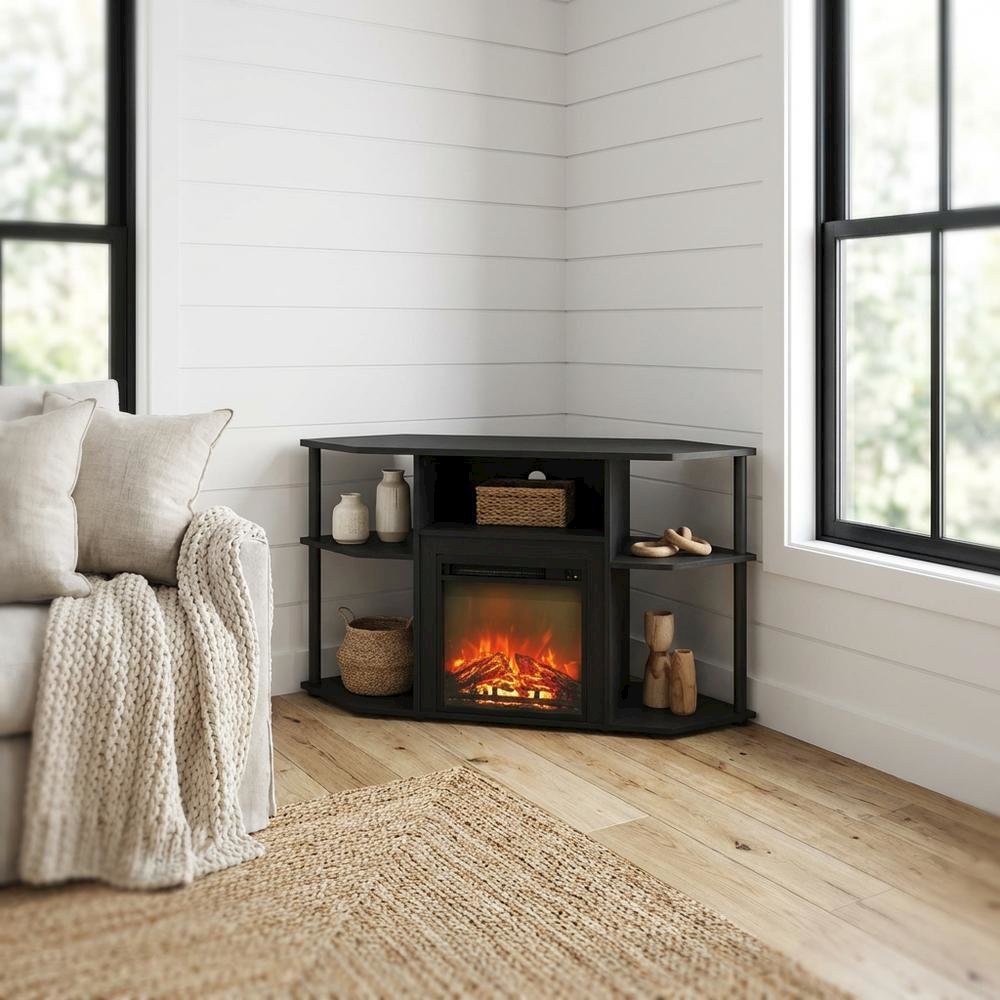 Brown open storage corner fireplace TV stand, 55-inch TVs, wood, veneer finish