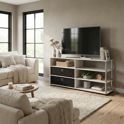 Wooden TV stand for up to 55 inches with storage bins, White Oak finish