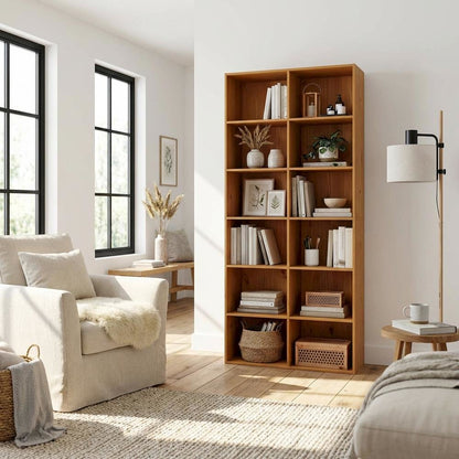 Wooden bookcase with open shelving for contemporary decor storage