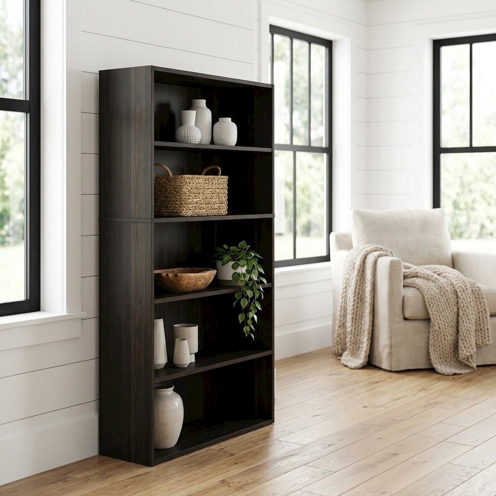 Espresso 5-Tier Open Shelf Bookcase with Sturdy Wood Construction