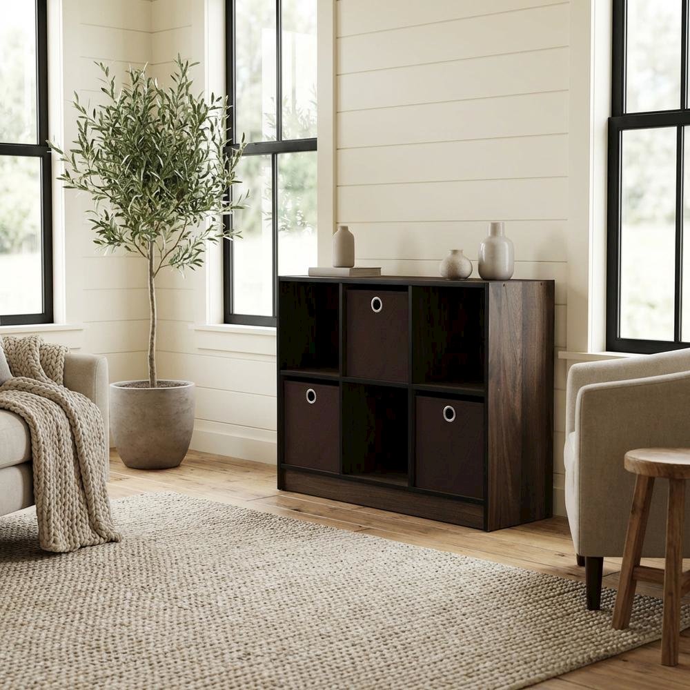 Wooden 3x2 Bookcase with Storage Bins in Walnut Finish for Organized Living