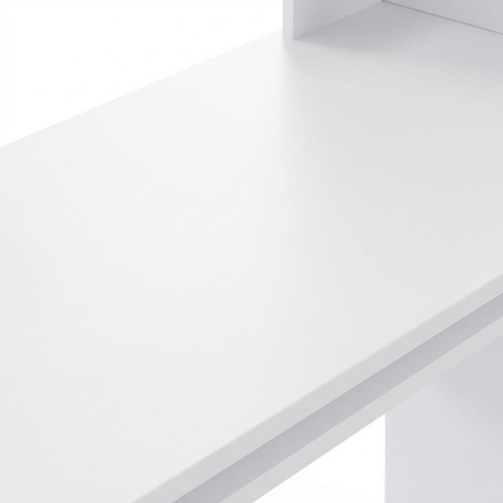 White gaming desk with keyboard tray, side shelves,, storage bin for home office