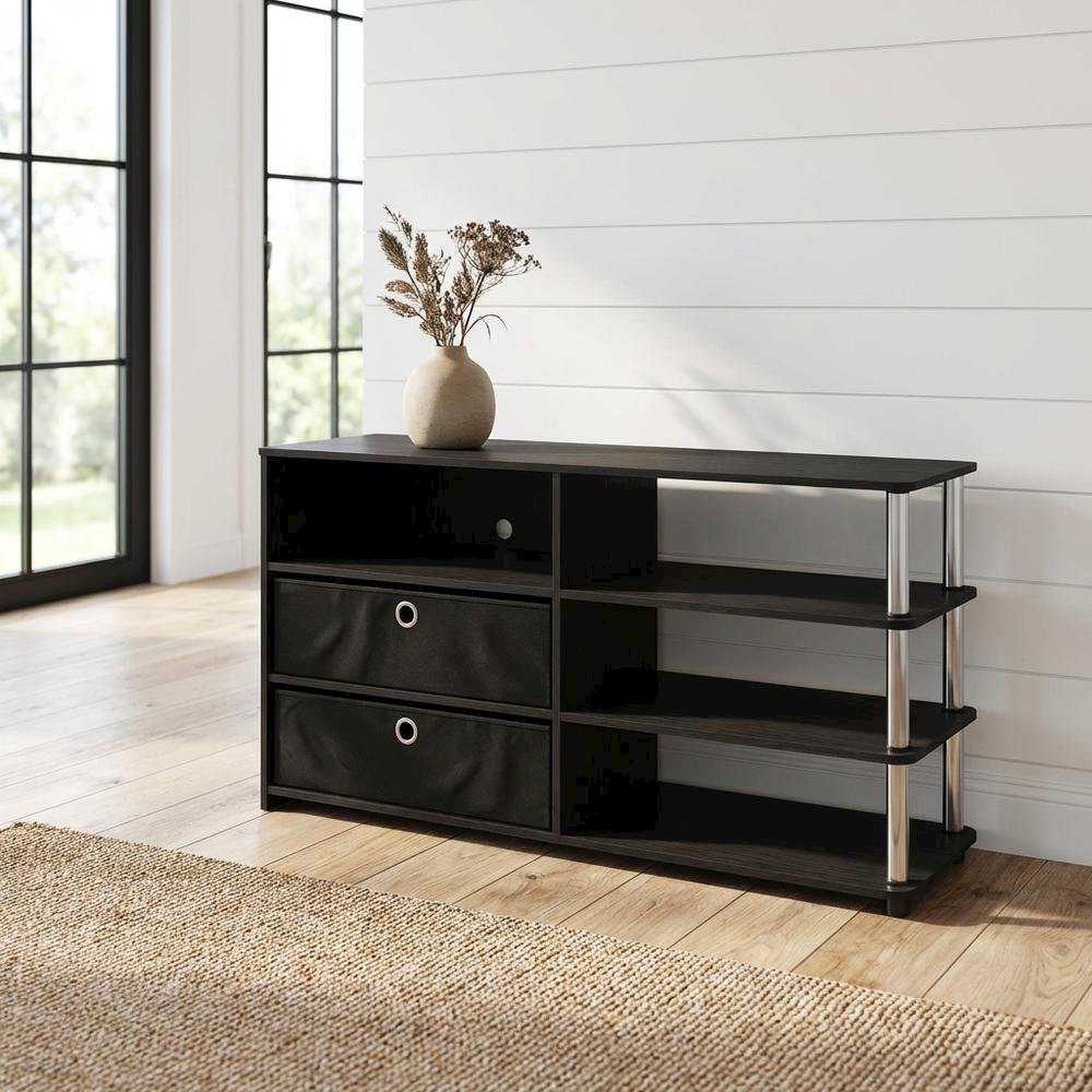 Wood TV stand for up to 55-inch with storage bins, stainless steel accents