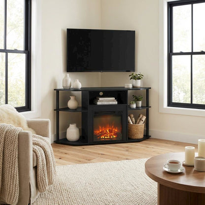 Brown open storage corner fireplace TV stand, 55-inch TVs, wood, veneer finish