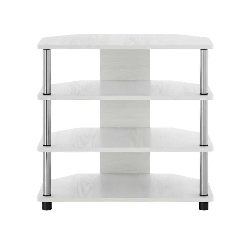Wooden TV stand, modern white oak, chrome accents, living room furniture