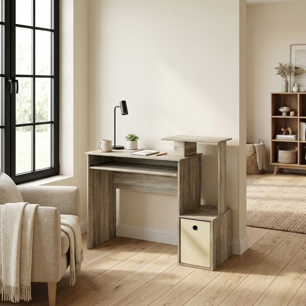Sonoma Oak and Ivory Office Desk with Storage Bin, Compact Computer Workstation