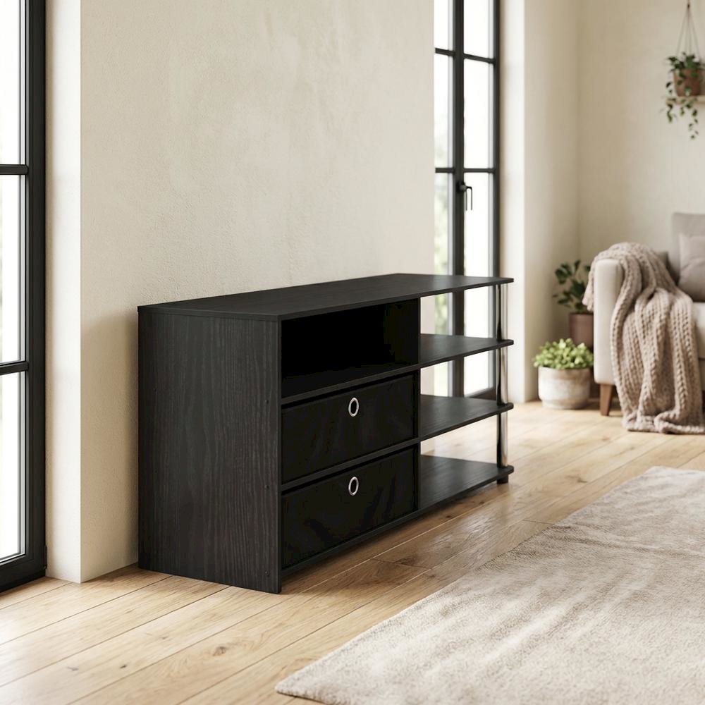 Wood TV stand for up to 55-inch with storage bins, stainless steel accents