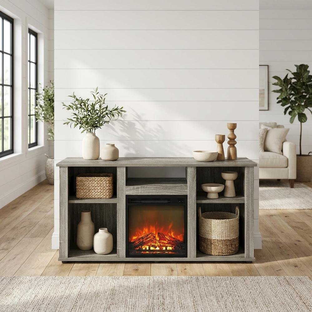 Gray Fireplace TV Stand with Open Storage for Up to 55-Inch Flat Screens