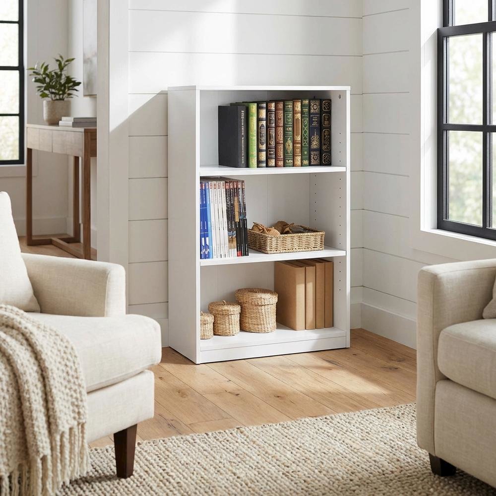 White 3-Shelf Bookcase with Sturdy Construction and Modern Design