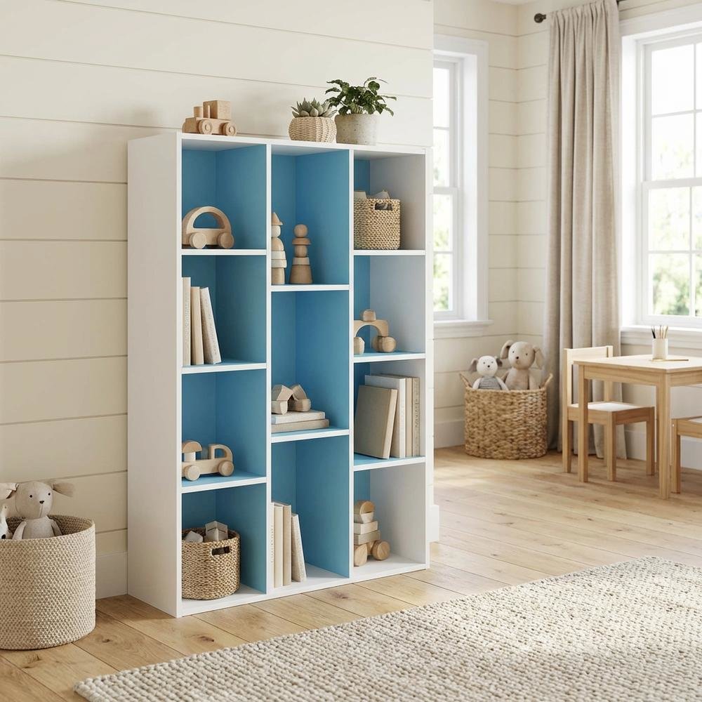 Reversible Open Shelf Bookcase in White and Light Blue with Wood Construction