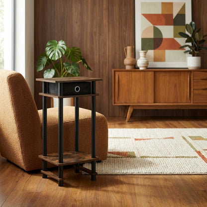 Amber Pine and Black Tall End Table with Storage Bin for Living Room