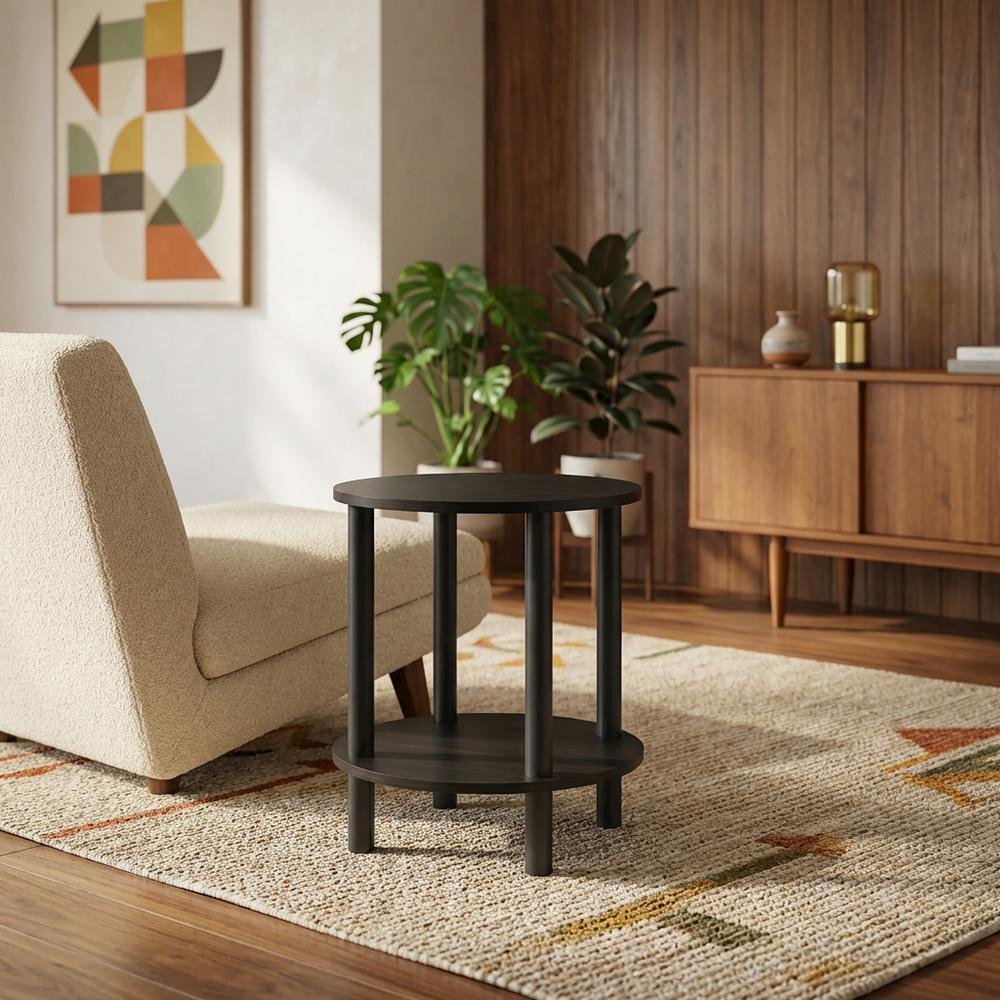 Round Wooden End Table with Espresso and Black Finish, Modern Side Table