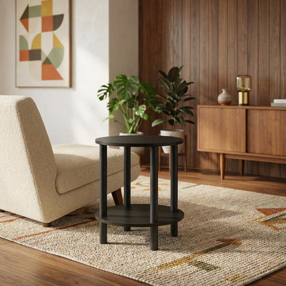 Round Wooden End Table with Espresso and Black Finish, Modern Side Table
