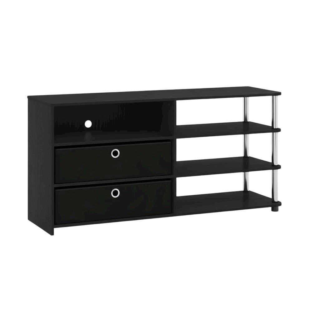 Wood TV stand for up to 55-inch with storage bins, stainless steel accents
