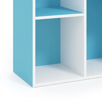 Reversible Open Shelf Bookcase in White and Light Blue with Wood Construction