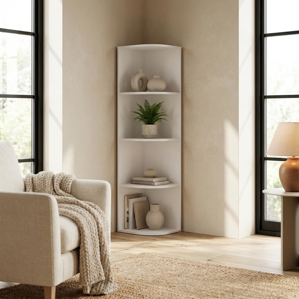 White 4-Tier Corner Open Shelf Bookcase with Durable Wood Construction