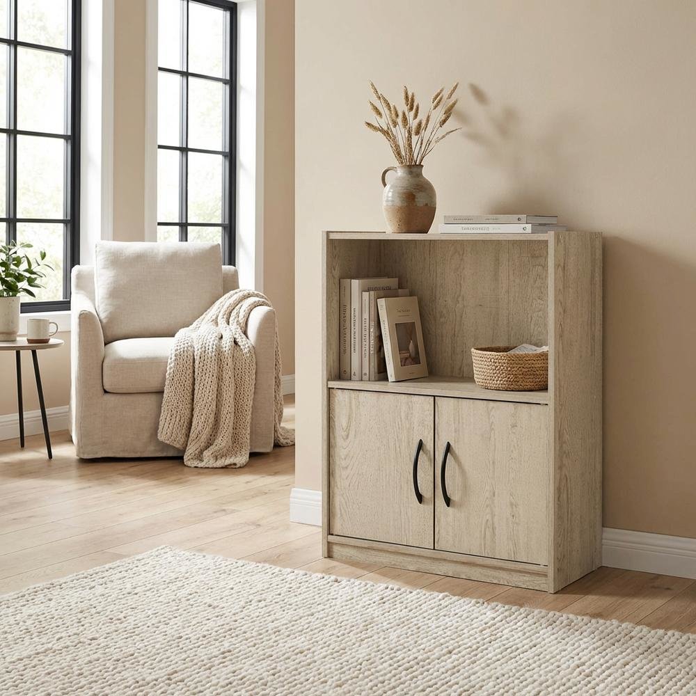 Brown 2-Tier Open Shelf Bookcase with Doors Storage Cabinet for Living Room