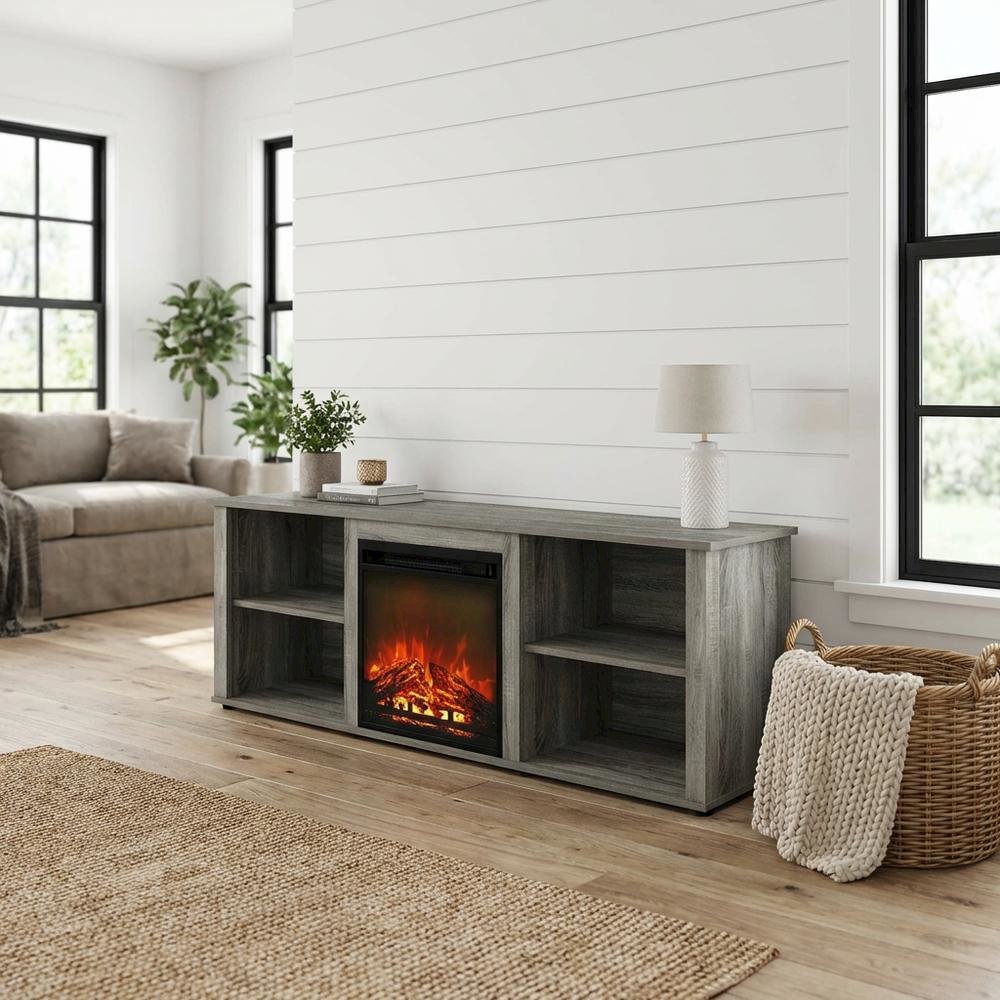 Wood TV stand with fireplace in French Oak Grey for modern living