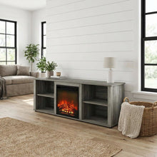 Wood TV stand with fireplace in French Oak Grey for modern living