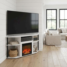 White open storage corner fireplace TV stand, 55-inch screens, solid wood