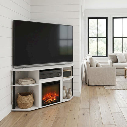 White open storage corner fireplace TV stand, 55-inch screens, solid wood