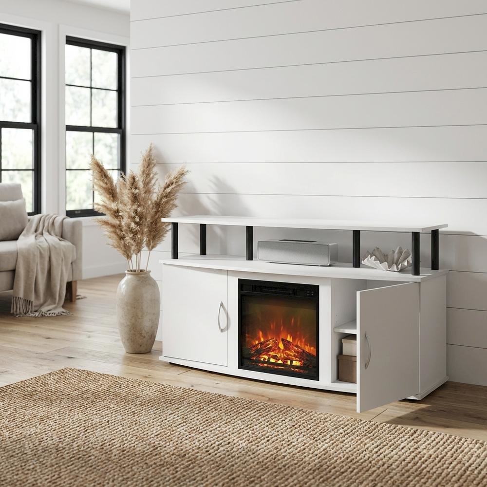 White Fireplace Entertainment Center, Doors, Storage Cabinet, Up to 55-Inch TV