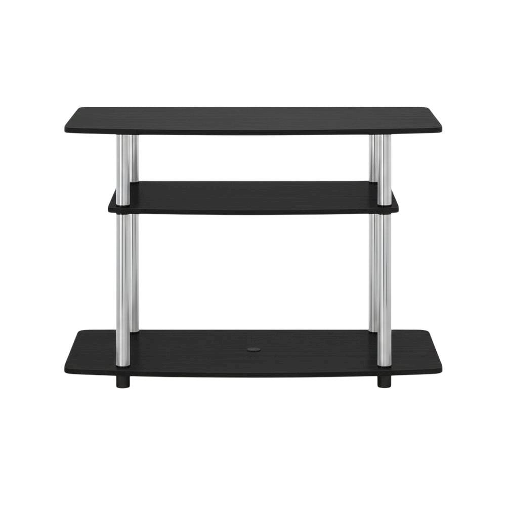 Wood TV stand in Americano, Chrome finish, three-tier shelving, media storage