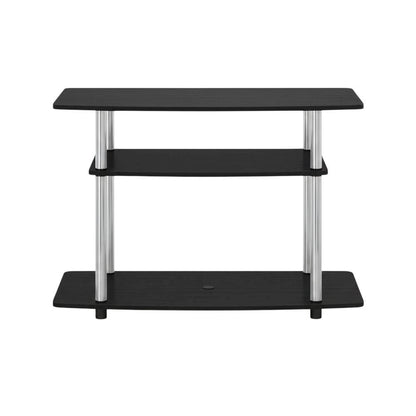 Wood TV stand in Americano, Chrome finish, three-tier shelving, media storage